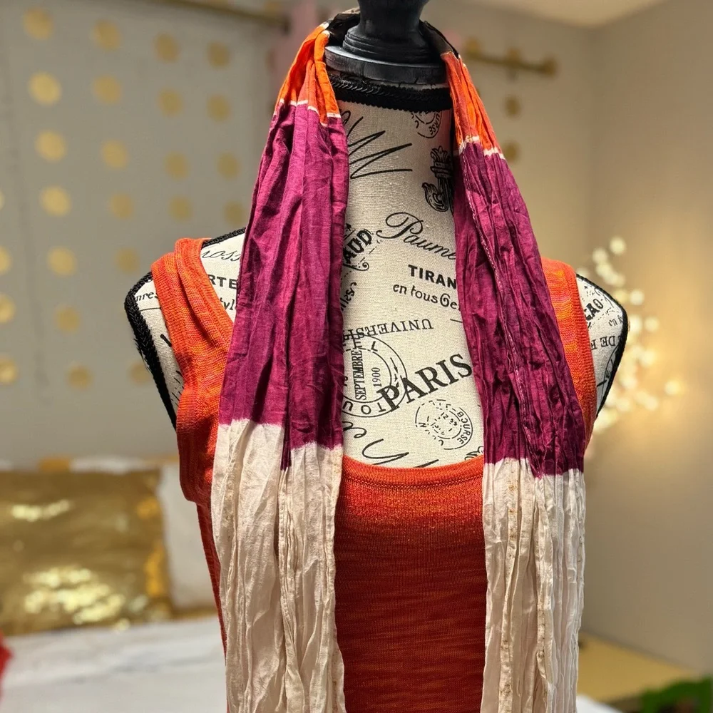 LOFT Crinkle Scarf | Orange Plum Cream Boho Lightweight Raw Edge Scarf - Picture 8 of 8